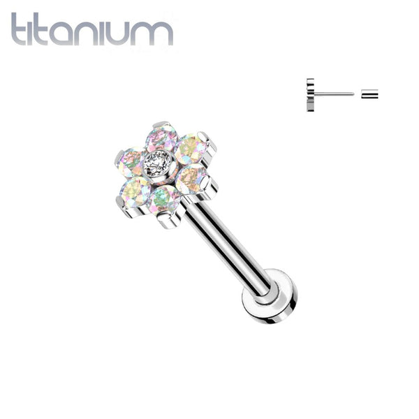 Implant Grade Titanium Threadless Push In Tragus/Cartilage Aurora Borealis CZ Flower With Flat Back - Pierced Universe