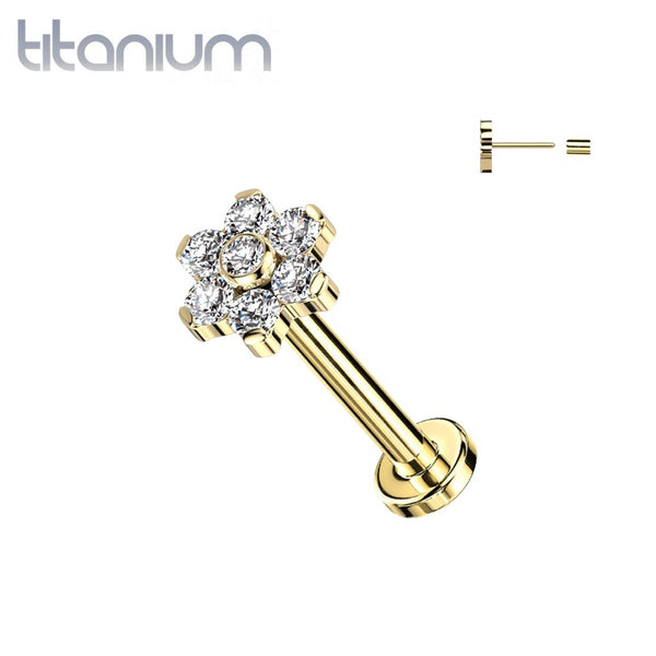 Implant Grade Titanium Threadless Gold PVD Push In Tragus/Cartilage White CZ Flower With Flat Back - Pierced Universe