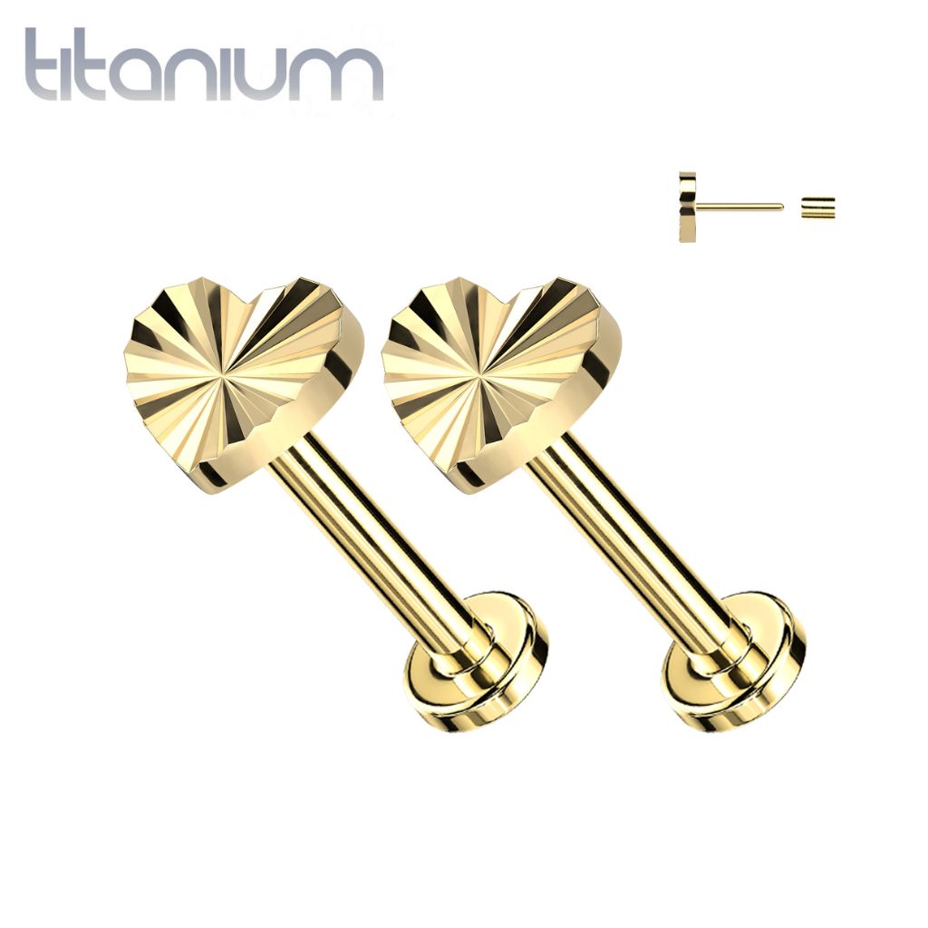 Pair of Implant Grade Titanium Gold PVD Dainty Ridged Heart Threadless ...