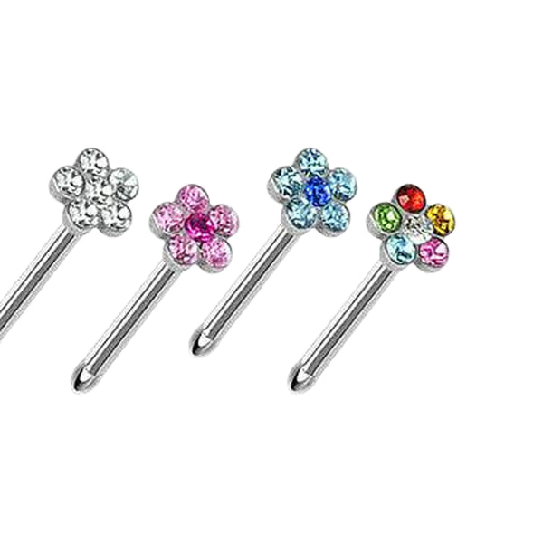 316L Surgical Steel Ball End Multi CZ Gem Crystal Flower Nose Bone Stud - Pierced Universe