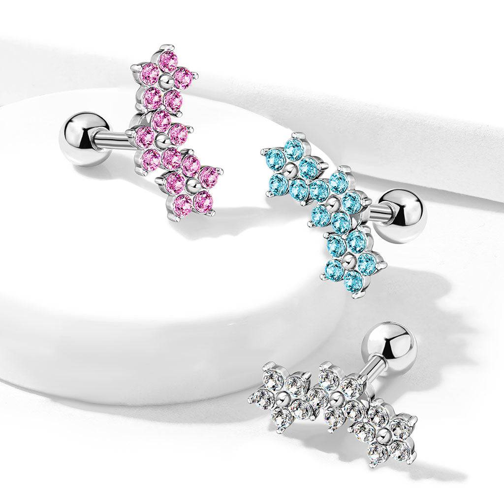 Pink Lifting Rings 316L Surgical Steel 3 Flower Pink CZ Cartilage Ring Barbell– Pierced ...