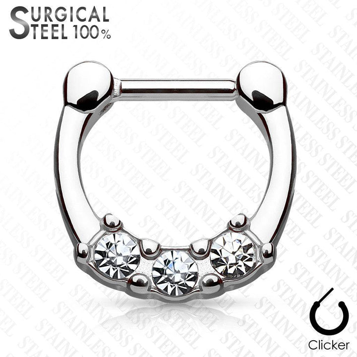 316L Surgical Steel 3 Gem Septum Ring Clicker - Pierced Universe