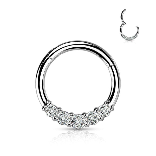 316L Surgical Steel 5 White CZ Gem Dainty Septum Ring Hinged Clicker Hoop - Pierced Universe