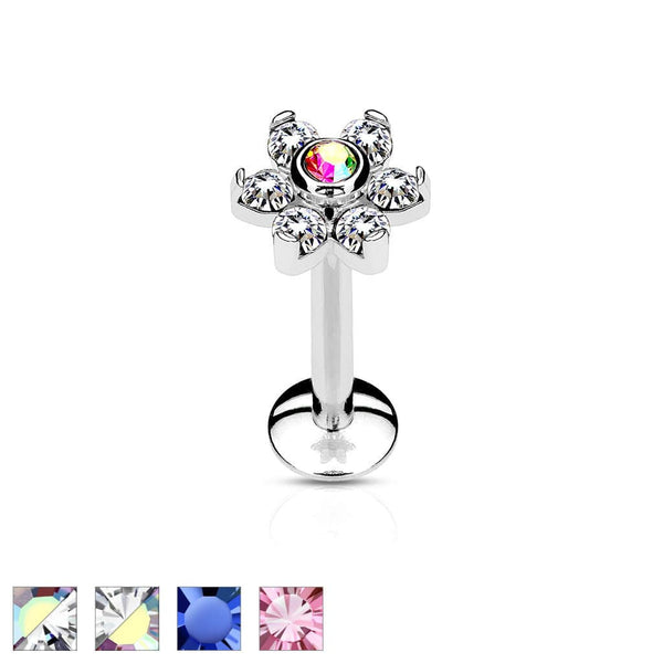 316L Surgical Steel 6 Gem Internally Threaded CZ Flower Flat Back Labret - Pierced Universe