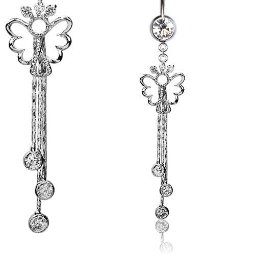 316L Surgical Steel Angel with Chain CZ Dangle Belly Ring - Pierced Universe