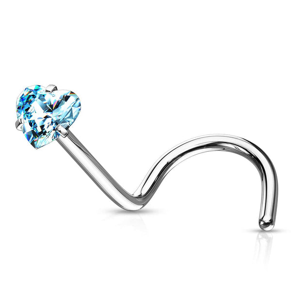 316L Surgical Steel Aqua Heart CZ Corkscrew Nose Pin Ring - Pierced Universe