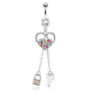 316L Surgical Steel Belly Button Navel Ring Dangling Multi Colour Heart Lock and Key - Pierced Universe