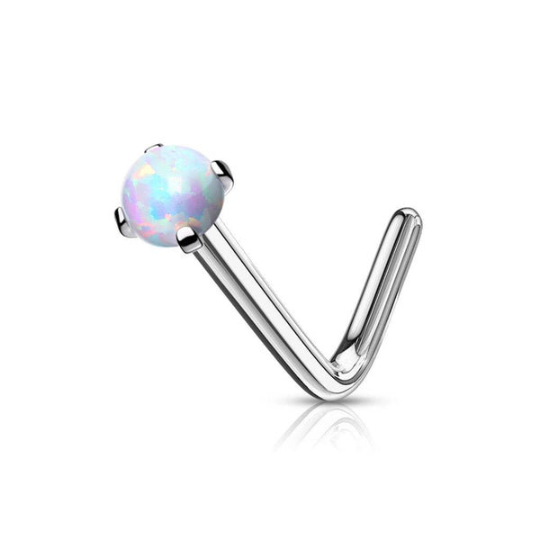 316L Surgical Steel Bent L Shape Nose Ring Stud with White Opal Gem - Pierced Universe