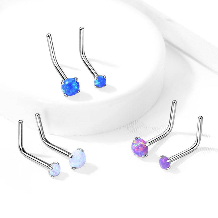 316L Surgical Steel Bent L Shape Nose Ring Stud with White Opal Gem - Pierced Universe