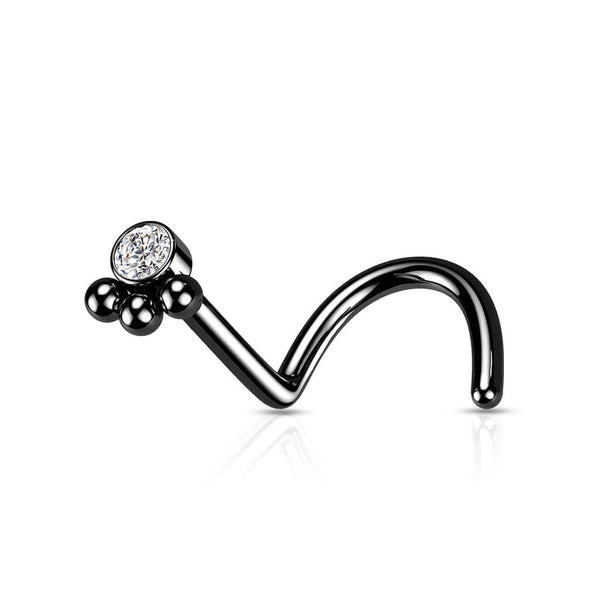 316L Surgical Steel Black PVD Tribal Ball White CZ Corkscrew Nose Ring Stud - Pierced Universe