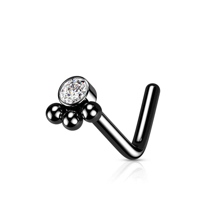 316L Surgical Steel Black PVD Tribal Ball White CZ L-Shape Nose Ring Stud - Pierced Universe