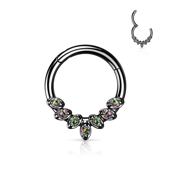 316L Surgical Steel Gold PVD White CZ Gem Vine Leaf Dainty Septum Ring Hinged Clicker Hoop