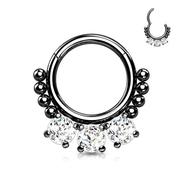 316L Surgical Steel Black PVD White CZ Beaded Hinged Septum Clicker Hoop - Pierced Universe