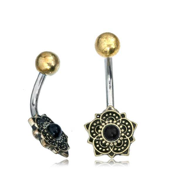 316L Surgical Steel & Brass Lotus Flower with Black Onyx Stone Belly Ring - Pierced Universe