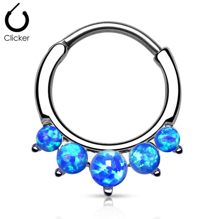 316L Surgical Steel Curved Septum Ring Clicker with 5 Opal Gems - Pierced Universe