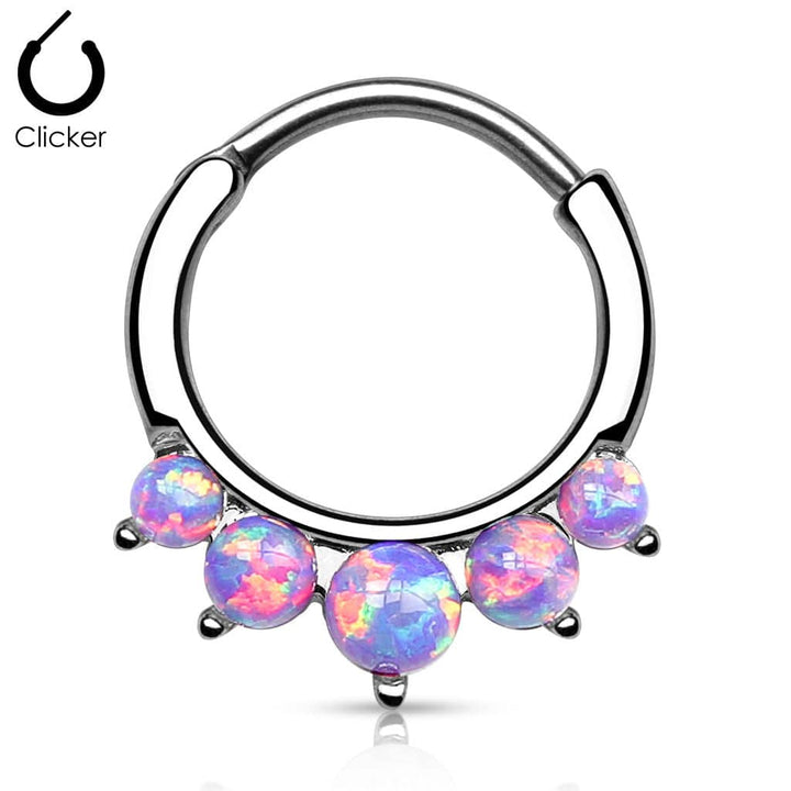 316L Surgical Steel Curved Septum Ring Clicker with 5 Opal Gems - Pierced Universe
