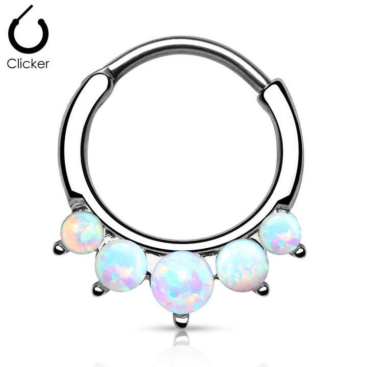 316L Surgical Steel Curved Septum Ring Clicker with 5 Opal Gems - Pierced Universe
