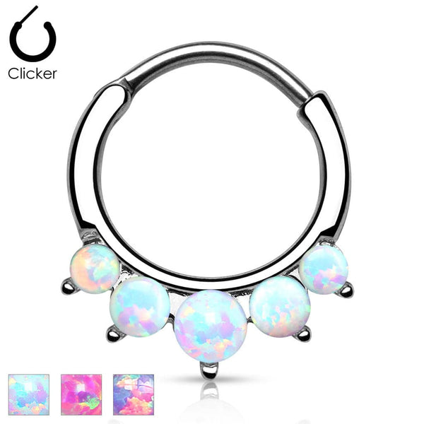 316L Surgical Steel Curved Septum Ring Clicker with 5 Opal Gems - Pierced Universe