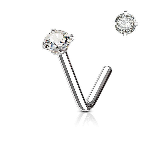 316L Surgical Steel CZ White Gem Prong L Shape Nose Stud - Pierced Universe