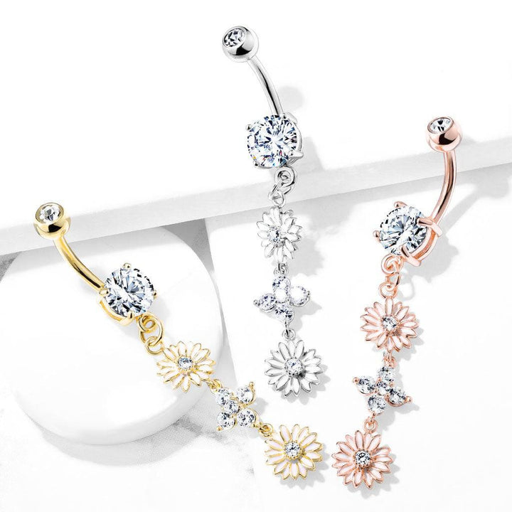 316L Surgical Steel Double CZ Flower Dangling Belly Button Ring - Pierced Universe