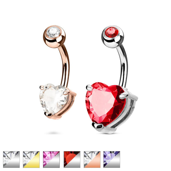 316L Surgical Steel Double Gem Heart CZ Belly Ring - Pierced Universe