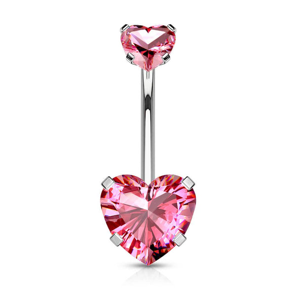 316L Surgical Steel Double Heart Pink CZ Gem Belly Button Ring - Pierced Universe