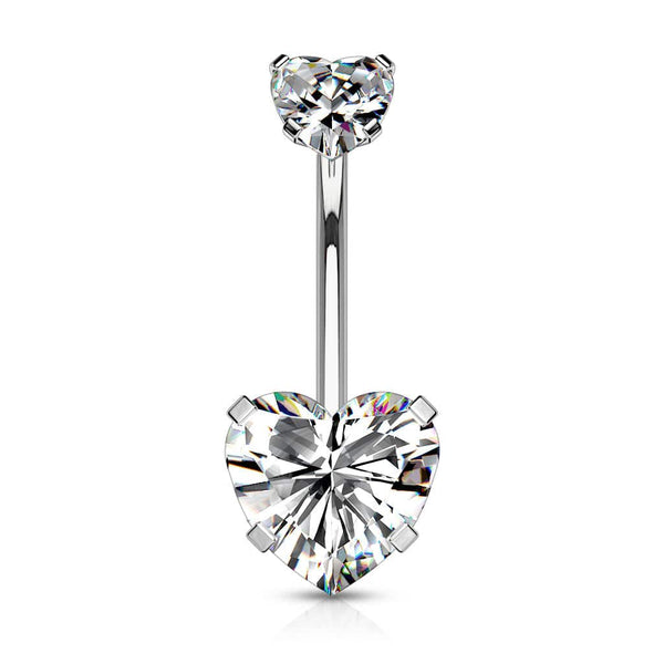 316L Surgical Steel Double Heart White CZ Gem Belly Button Ring - Pierced Universe