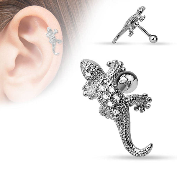 316L Surgical Steel Gecko Lizard CZ Ear Helix Ball Back Stud - Pierced Universe