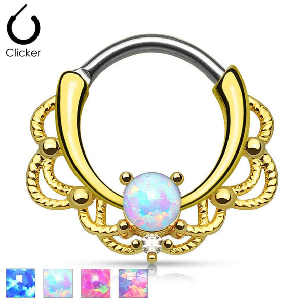 316L Surgical Steel Gold Plated Hinged Opal Stone Lace Septum Clicker Ring - Pierced Universe