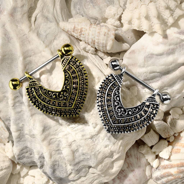 316L Surgical Steel Gold Plated Vintage Boho Nipple Shield Barbell - Pierced Universe