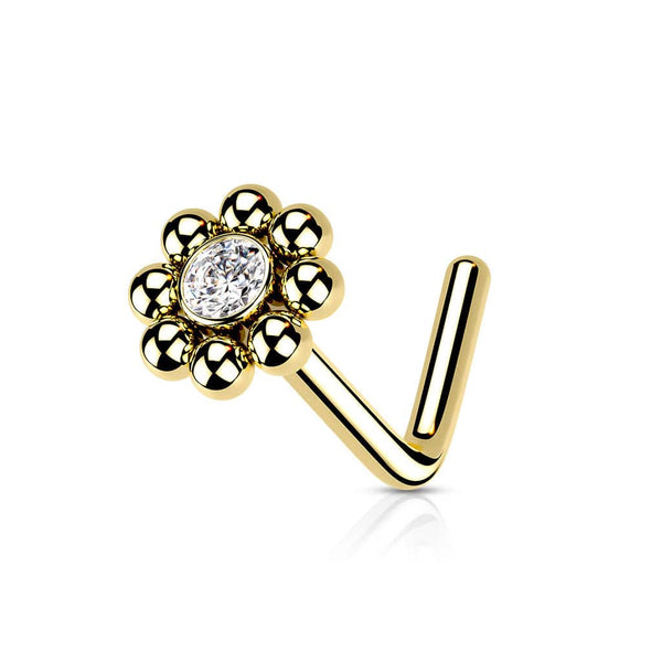 316L Surgical Steel Gold PVD Ball White CZ Gem Flower L-Shape Nose Ring Stud - Pierced Universe