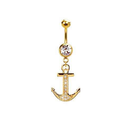 316L Surgical Steel Gold PVD CZ Anchor Dangle Belly Ring - Pierced Universe