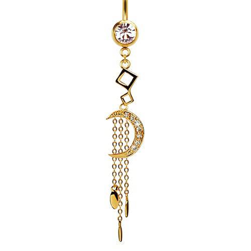 316L Surgical Steel Gold PVD CZ Moon with Chain Teardrops Dangle Belly Ring - Pierced Universe