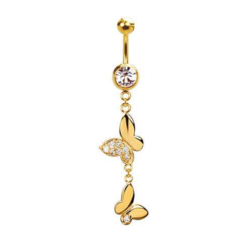 316L Surgical Steel Gold PVD Dainty Double Butterfly with CZ Wing Dangle Belly Ring - Pierced Universe