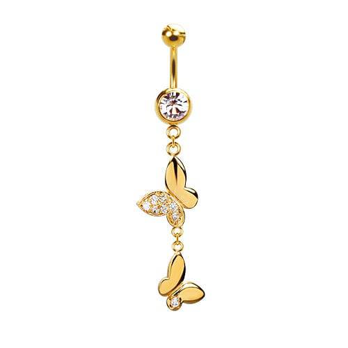 316L Surgical Steel Gold PVD Dainty Double Butterfly with CZ Wing Dangle Belly Ring - Pierced Universe