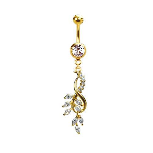316L Surgical Steel Gold PVD Elegant CZ Infinity Sign with Intertwined Leaves Dangle Belly Ring - Pierced Universe