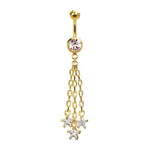 316L Surgical Steel Gold PVD Hanging Chain Triple Star CZ Dangle Belly Ring - Pierced Universe