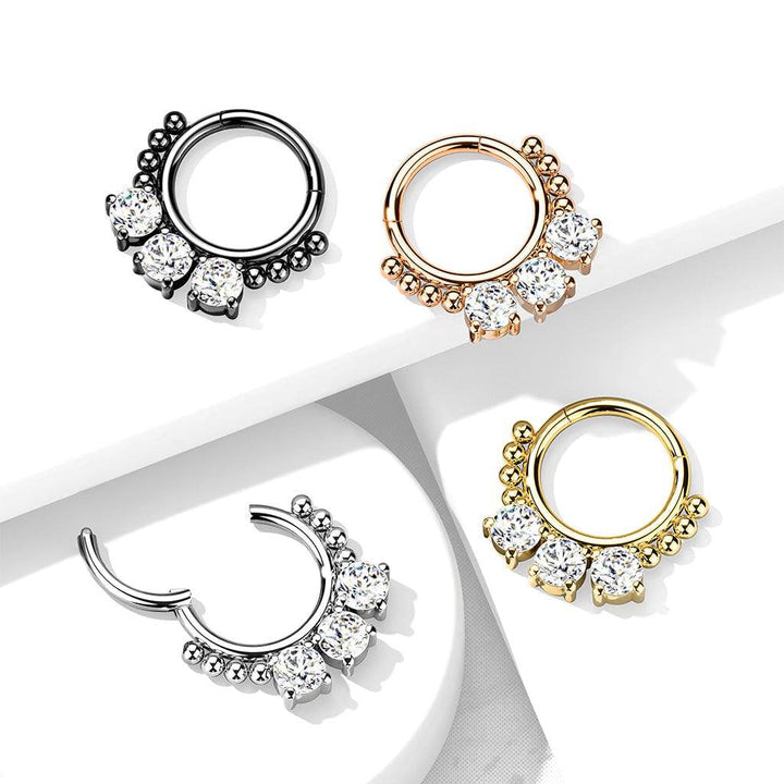 316L Surgical Steel Gold PVD White CZ Beaded Hinged Septum Clicker Hoop - Pierced Universe