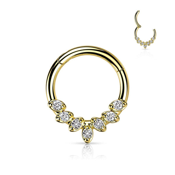 316L Surgical Steel Gold PVD White CZ Gem Vine Leaf Dainty Septum Ring Hinged Clicker Hoop - Pierced Universe