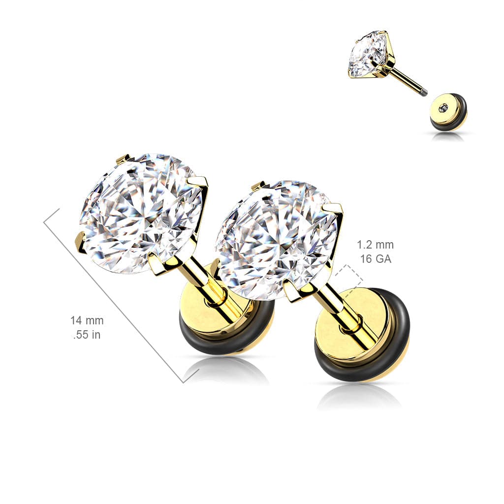 316L Surgical Steel Gold PVD White CZ Round Clawed Fake Plug