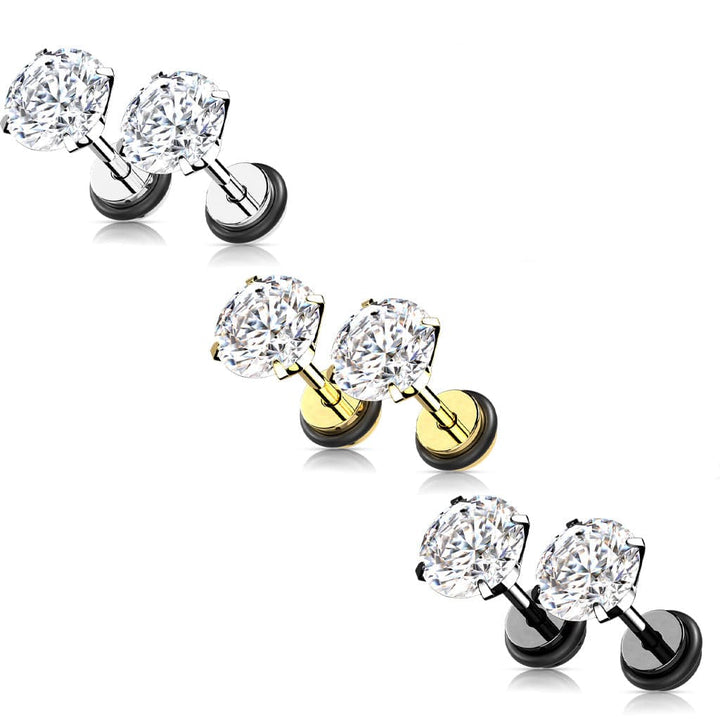 316L Surgical Steel Gold PVD White CZ Round Clawed Fake Plug Earrings - Pierced Universe