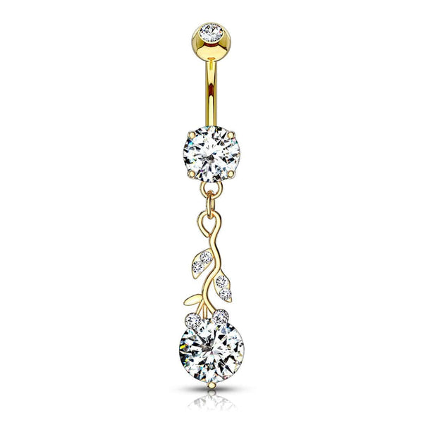 316L Surgical Steel Gold PVD White CZ Vine Dangle Belly Ring - Pierced Universe