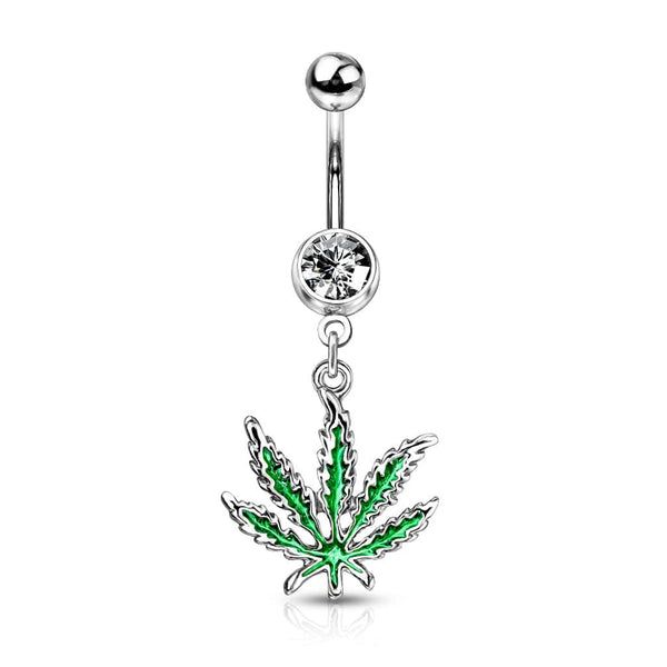 316L Surgical Steel Green PVD Weed Leaf Dangle Belly Ring - Pierced Universe