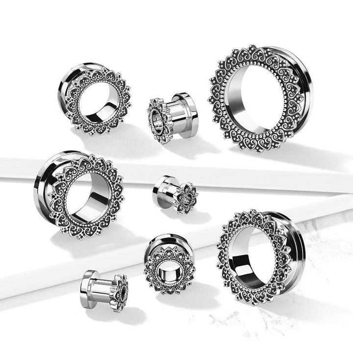 316L Surgical Steel Heart Filigree Screw On Ear Tunnels - Pierced Universe