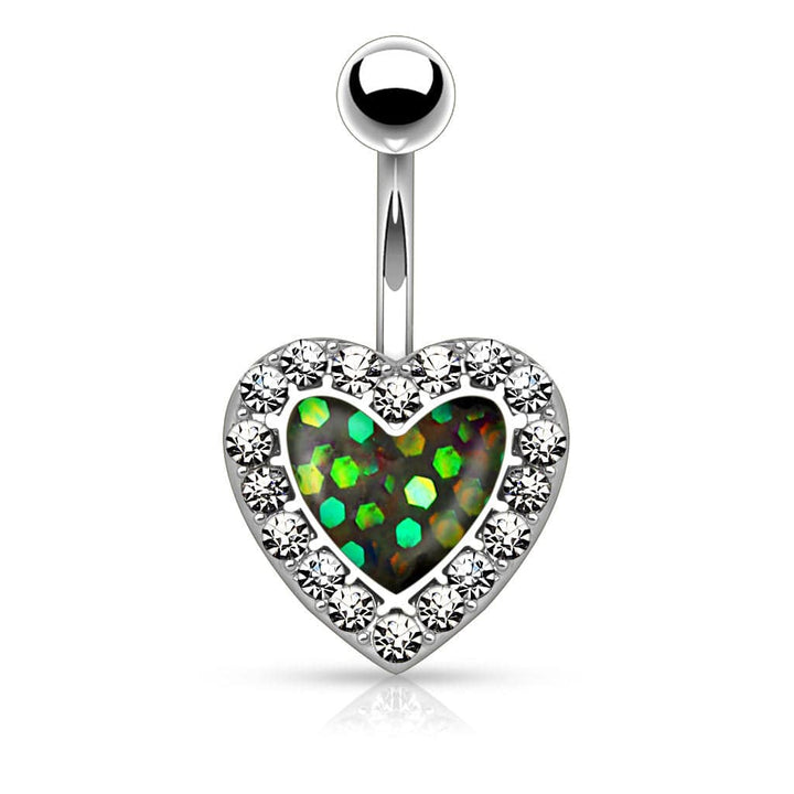 316L Surgical Steel Heart Paved Rim With Opal Glitter Center Belly Ring - Pierced Universe