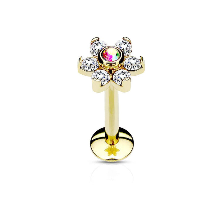 316L Surgical Steel Internally Threaded 6 Gem Flat Back CZ Flower Labret - Pierced Universe