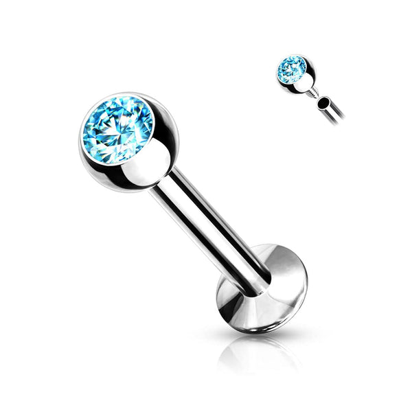 316L Surgical Steel Internally Threaded Aqua CZ Labret Flat Back - Pierced Universe