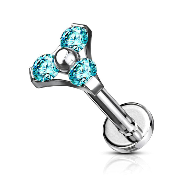 316L Surgical Steel Internally Threaded Aqua Triangle CZ Labret - Pierced Universe