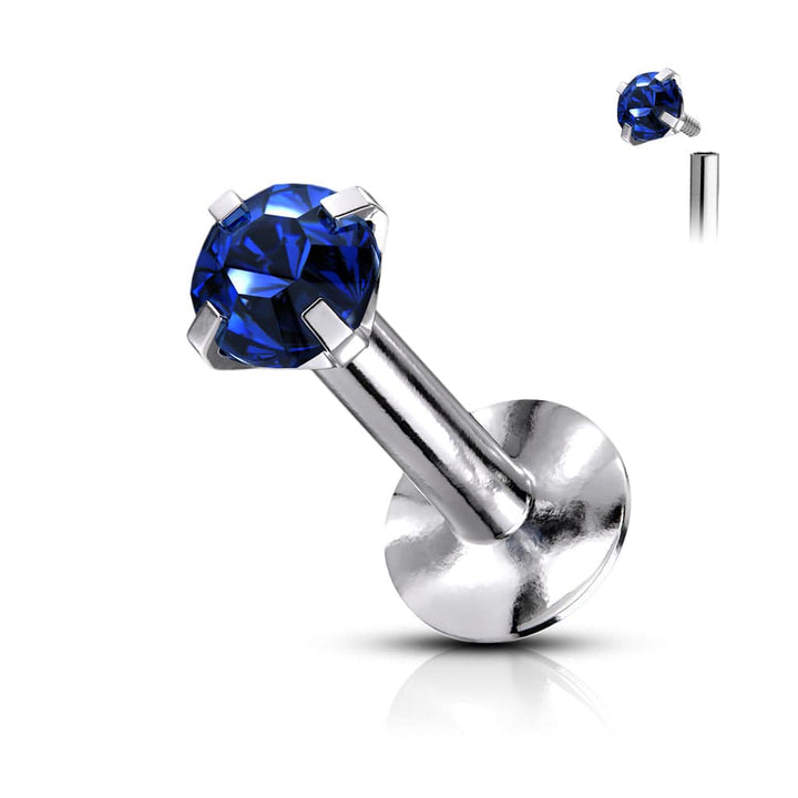 316L Surgical Steel Internally Threaded Blue Circle Prong CZ Flat Back Labret Stud - Pierced Universe