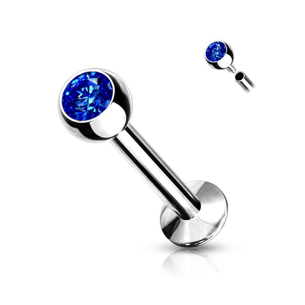 316L Surgical Steel Internally Threaded Blue CZ Labret Flat Back - Pierced Universe